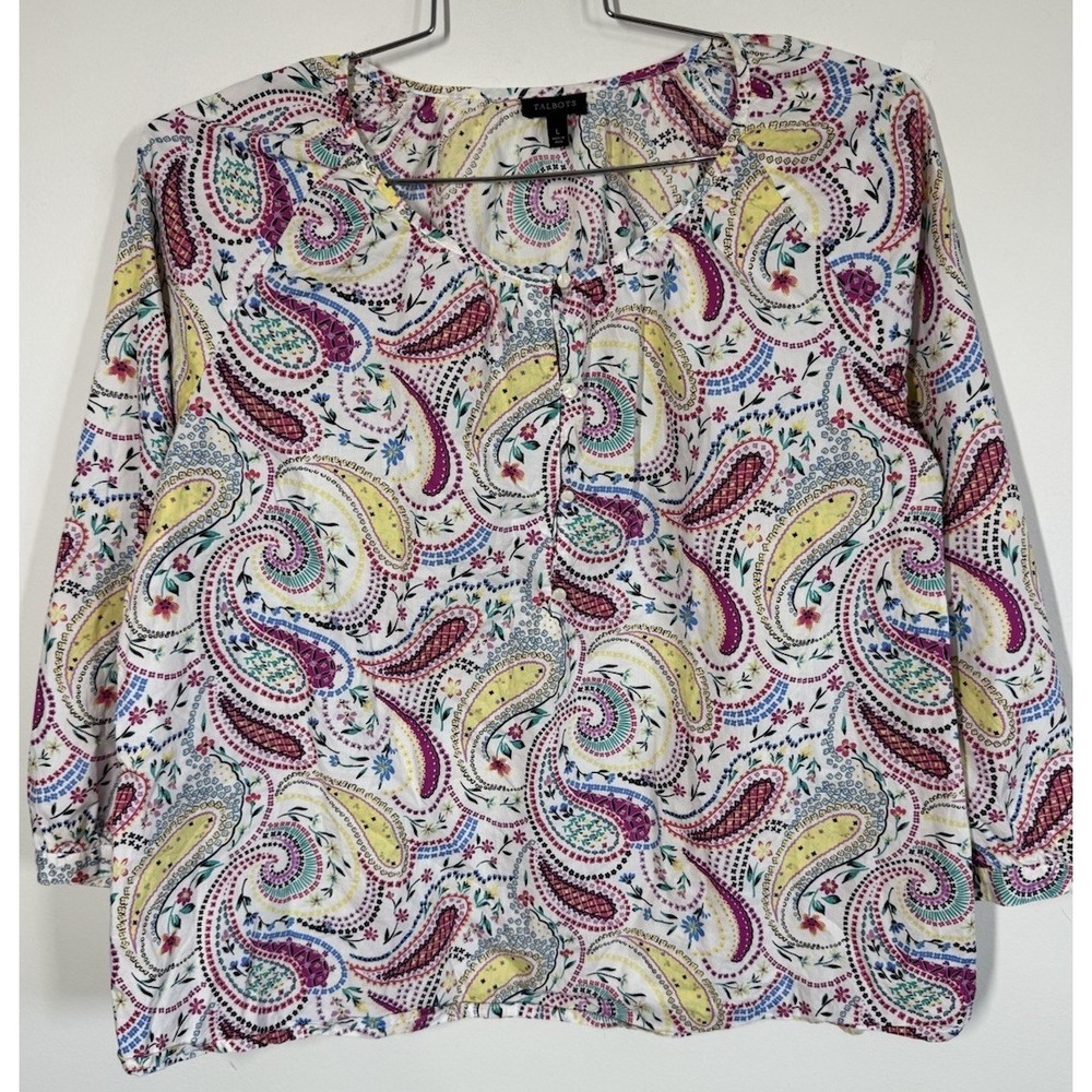 Talbots Floral Paisley Popover Peasant Blouse 3/4 Sleeve 100% Cotton Size L Boho